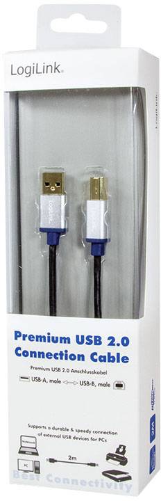 'LogiLink Premium USB 2.0 Verbindungskabel', USB-A auf USB-B, 2m, in einer weißen Verpackung mit transparenter Vorderseite.