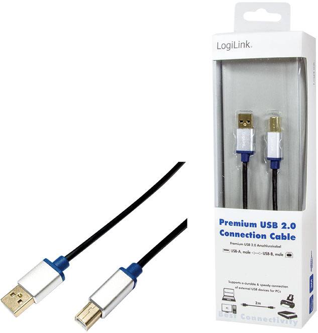 Verpackung eines LogiLink USB 2.0 Verbindungskabels, zeigt Kabel mit einem USB-A-Stecker und einem USB-B-Stecker. Länge: 2 Meter.