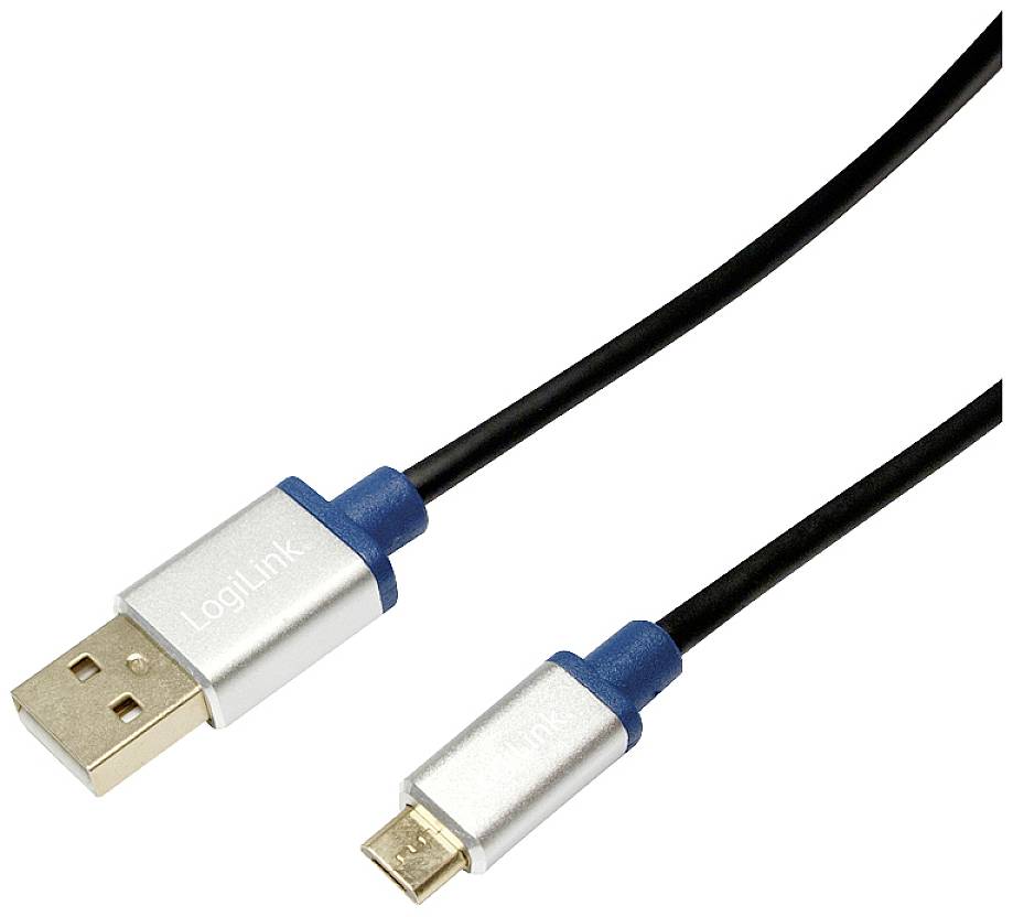 Zwei Kabelstecker in Nahaufnahme: links ein Standard-USB-Stecker, rechts ein Micro-USB-Stecker, beide mit silber-blauen Gehäusen.