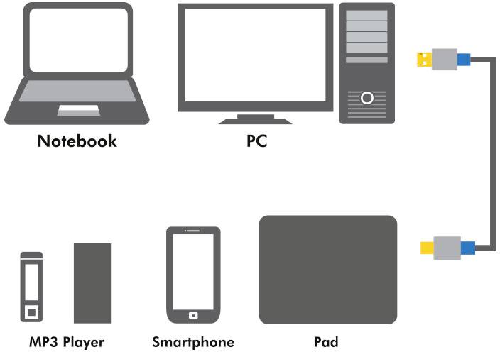 Notebooks und PCs sind mithilfe von Kabeln mit MP3-Playern, Smartphones und Tablets verbunden.