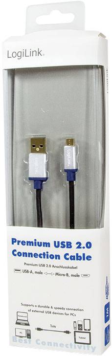 'LogiLink Premium USB 2.0 Anschlusskabel', zeigt ein USB-A-Stecker zu Micro-B-Stecker, 1 Meter, für schnelle Datenübertragung und Geräteverbindung.