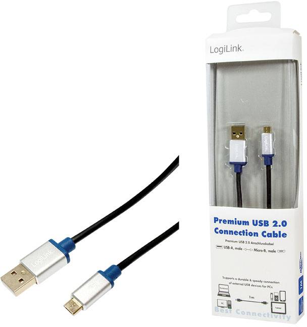 USB-Kabel von LogiLink, Typ USB 2.0 mit Standard- und Micro-B-Steckern, abgebildet in Verpackung und einzeln, für beste Konnektivität.
