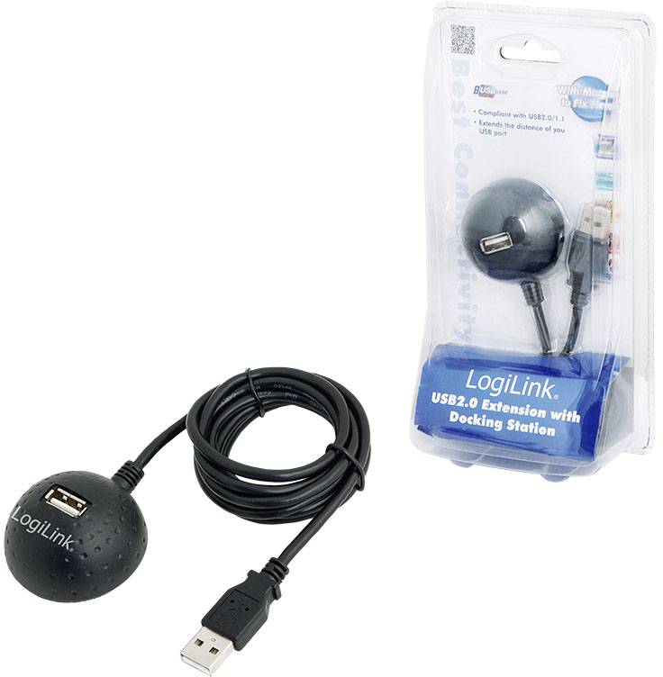 USB-Verlängerung mit Dockingstation, schwarze runde Form mit USB-Anschluss, geeignet für USB-2.0-Konformität. Verpackung zeigt Anschlussdetails.