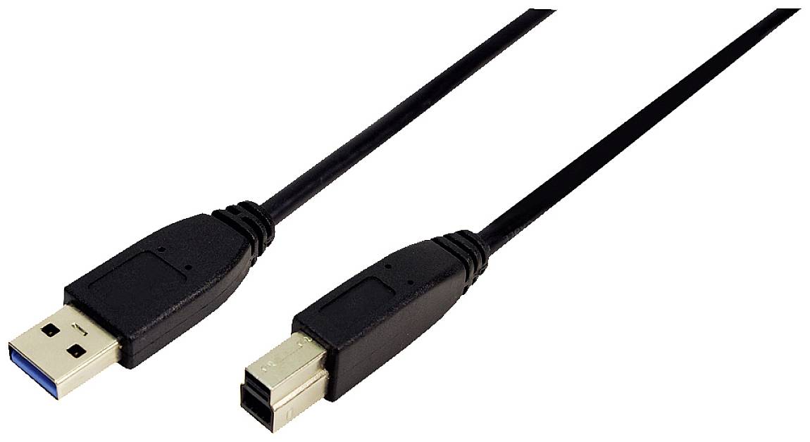 Ein USB 3.0-Kabel mit einem Typ-A-Stecker und einem Typ-B-Stecker zum Anschluss von Geräten wie Druckern oder externen Festplatten.