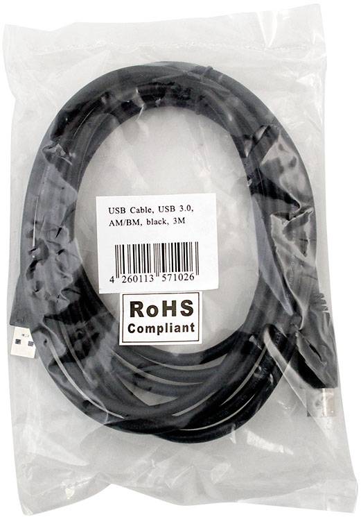 'USB-Kabel, USB 3.0, AM/BM, schwarz, 3 m' im transparenten Plastikbeutel mit 'RoHS Compliant' Aufkleber.