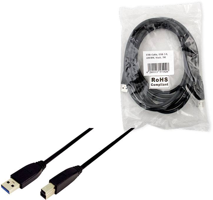 USB 3.0-Kabel, 3 Meter lang, schwarz, mit blauen Steckern und RoHS-Konformitätskennzeichnung in einer transparenten Verpackung.