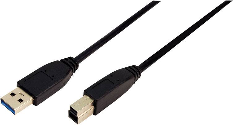 Ein schwarzes USB-Kabel mit einem USB-A-Stecker auf der linken Seite und einem anderen Stecker (möglicherweise USB-B) auf der rechten Seite.