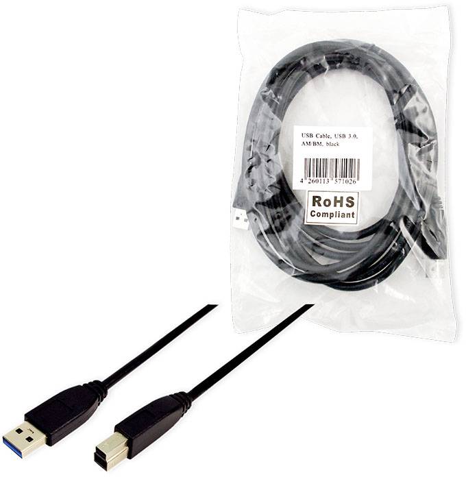 USB 3.0 A/B Kabel in schwarz, 3 Meter lang, in Verpackung. RoHS konform, geeignet für den Anschluss von Geräten an einen Computer.