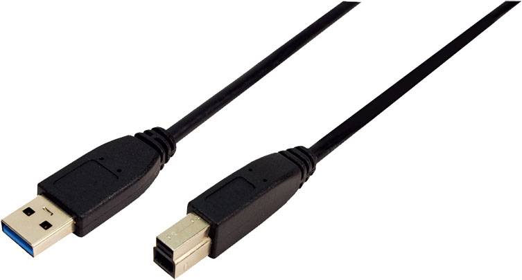 Ein schwarzes USB-Kabel mit einem USB-A-Stecker an einem Ende und einem USB-B-Stecker am anderen Ende, auf weißem Hintergrund.
