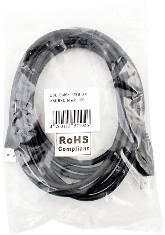Schwarzes USB-3.0-Kabel, Typ A/B, Länge 3 Meter, verpackt in einer durchsichtigen Kunststofffolie. RoHS-konform.