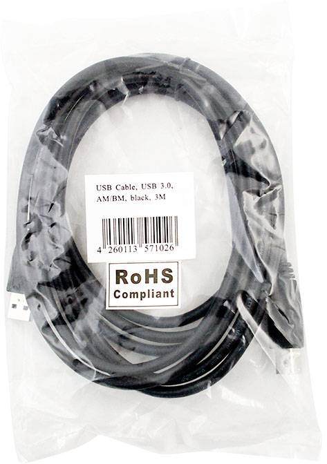 Schwarzes USB 3.0 Kabel, 3 Meter lang, in Plastiktüte verpackt. Etikett mit Aufschrift 'RoHS Compliant'.