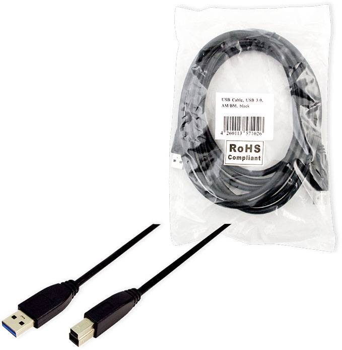 USB 3.0 Kabel, Typ A zu Typ B, schwarz, in Verpackung. Geeignet für Hochgeschwindigkeitsdatenübertragung, RoHS-konform.
