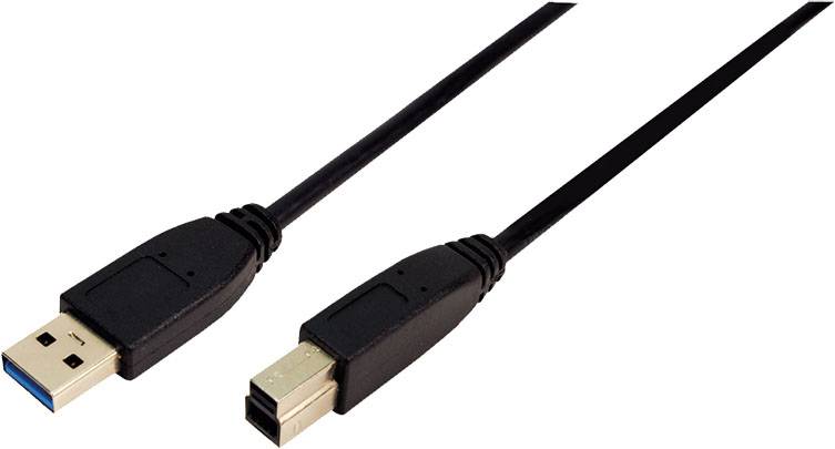 USB-3.0-Kabel mit zwei Steckern: links ein USB-A-Stecker, rechts ein USB-B-Stecker. Verwendet für Datenübertragung und Ladung.