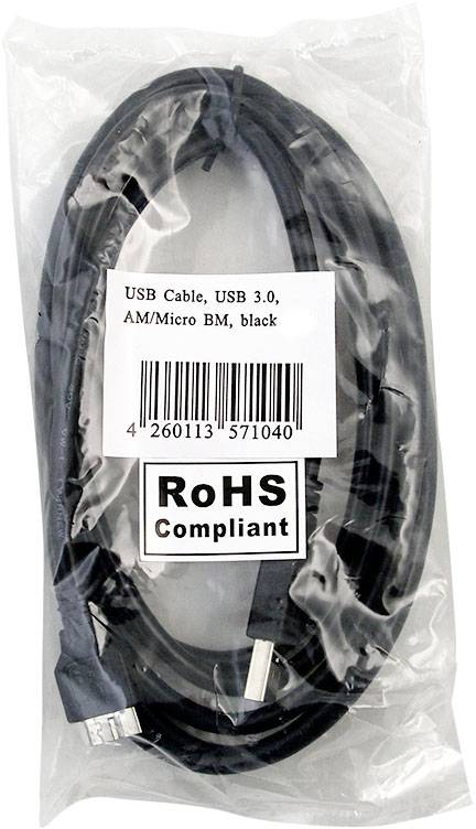 USB-Kabel, USB 3.0, AM/Micro BM, schwarz, in Kunststoffverpackung mit RoHS-Konformitätsetikett.