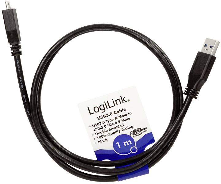 'Ein USB3.0-Kabel von LogiLink' mit einem USB-A- und einem Micro-B-Stecker, geeignet für Datenübertragungen, 1 Meter lang, schwarz.
