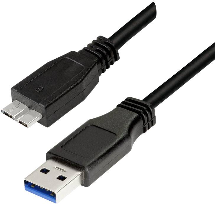 Ein schwarzes USB-Kabel, bestehend aus einem USB-A-Stecker und einem Micro-USB-Stecker, auf weißem Hintergrund.