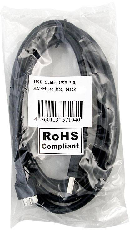 In einer Plastikverpackung befindet sich ein USB-Kabel, USB 3.0, AM/Micro BM, schwarz. Das Etikett ist als 'RoHS Compliant' gekennzeichnet.