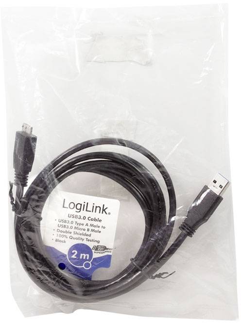 Ein schwarzes USB 3.0 Typ A auf Micro B Kabel, 2 Meter lang, verpackt in einer transparenten Plastikverpackung mit LogiLink-Logo.