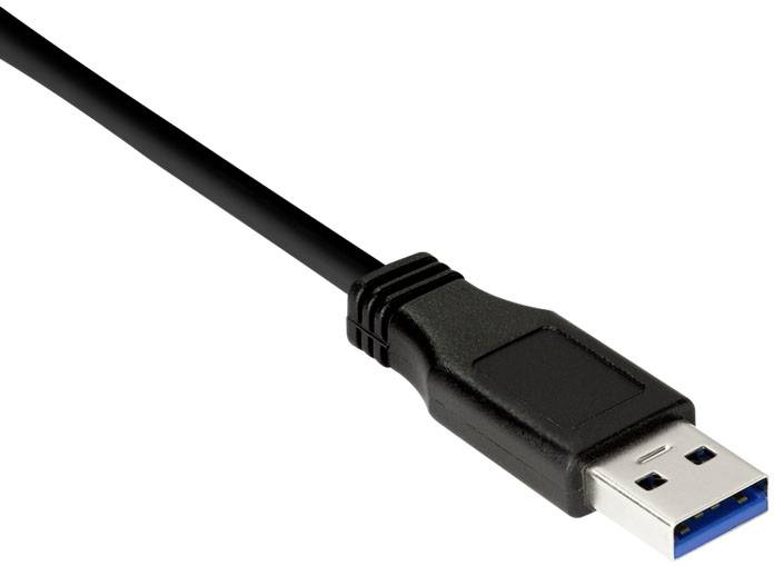 Ein schwarzes USB-Kabel mit einem USB-Stecker, der an einem Ende sichtbar ist. Der Stecker hat einen blauen Einsatz, typisch für USB 3.0.