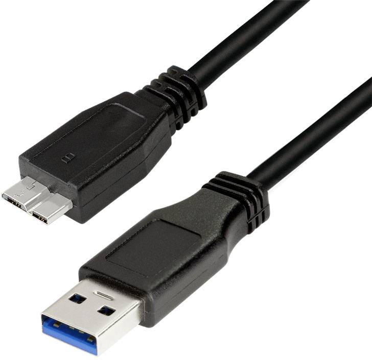 Ein schwarzes USB-3.0-Kabel mit einem USB-Typ-A-Stecker und einem Micro-USB-Stecker, auf weißem Hintergrund.