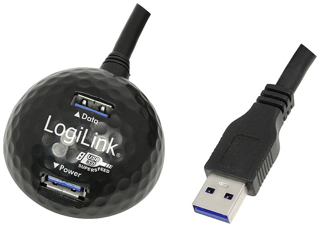 Ein kugelförmiger, schwarz strukturierter USB-Hub mit zwei USB-Anschlüssen, einem gekennzeichnet mit 'Data', der andere mit 'Power', und einem USB-Kabel.