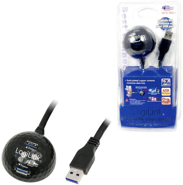 USB-3.0-Verlängerungskabel von LogiLink in schwarzer Farbe, gezeigt mit Kugelbasis und USB-Stecker. Verpackung im Hintergrund.