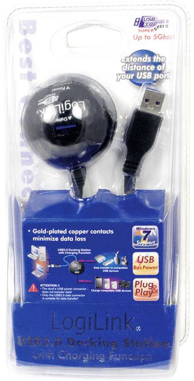 'LogiLink' USB 3.0 Docking Station Verpackung mit USB-Kabel und Textdetails zur Datenübertragungsgeschwindigkeit und Funktionen.