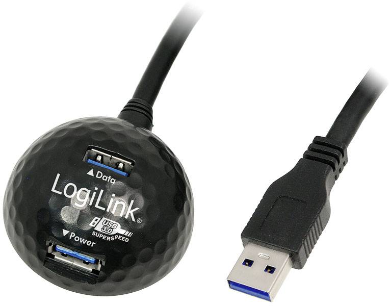 LogiLink USB-Hub, rund, mit zwei USB 3.0-Anschlüssen für Datenübertragung und Stromversorgung, mit angefügtem USB-Kabel.
