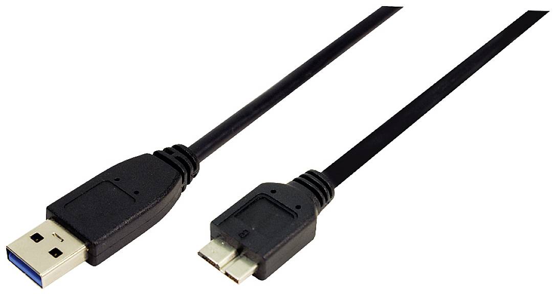 Schwarzes USB-Kabel mit USB-A- und Micro-USB-Stecker auf weißem Hintergrund, zur Verbindung von Geräten wie Smartphones oder Festplatten.