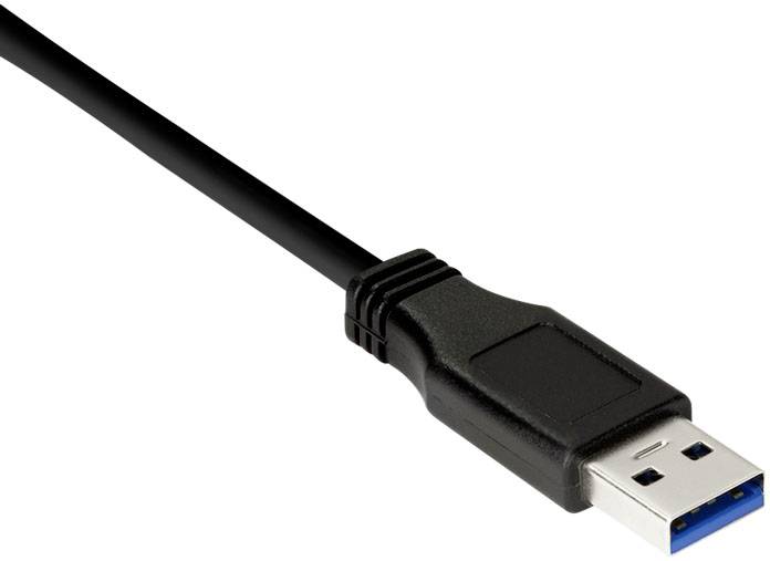 Ein schwarzes USB-Kabel mit einem blauen USB-A-Stecker, das für den Anschluss von Geräten an einen Computer verwendet wird.