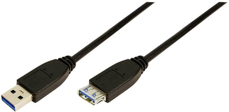 Ein USB 3.0-Verlängerungskabel mit einem männlichen Anschluss links und einem weiblichen Anschluss rechts, beide schwarz.