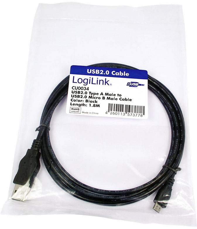 LogiLink USB-Kabel USB 2.0 USB-A Stecker, USB-Micro-B Stecker 1.80m Schwarz