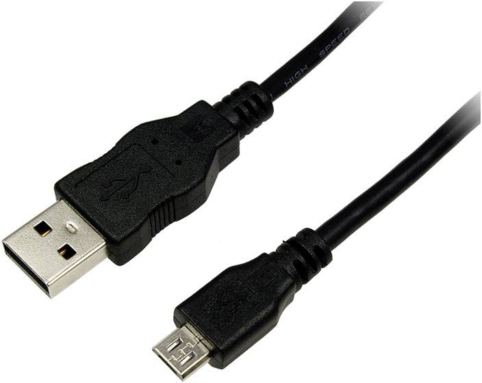 Ein schwarzes USB-Kabel mit einem Standard-USB-A-Stecker auf der einen Seite und einem Micro-USB-Stecker auf der anderen Seite.