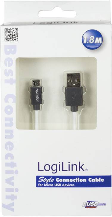 Verpackung eines LogiLink Micro USB Kabels, 1,8 Meter Länge. Geeignet für Micro USB Geräte. Weiße Kabel mit schwarzem Stecker.