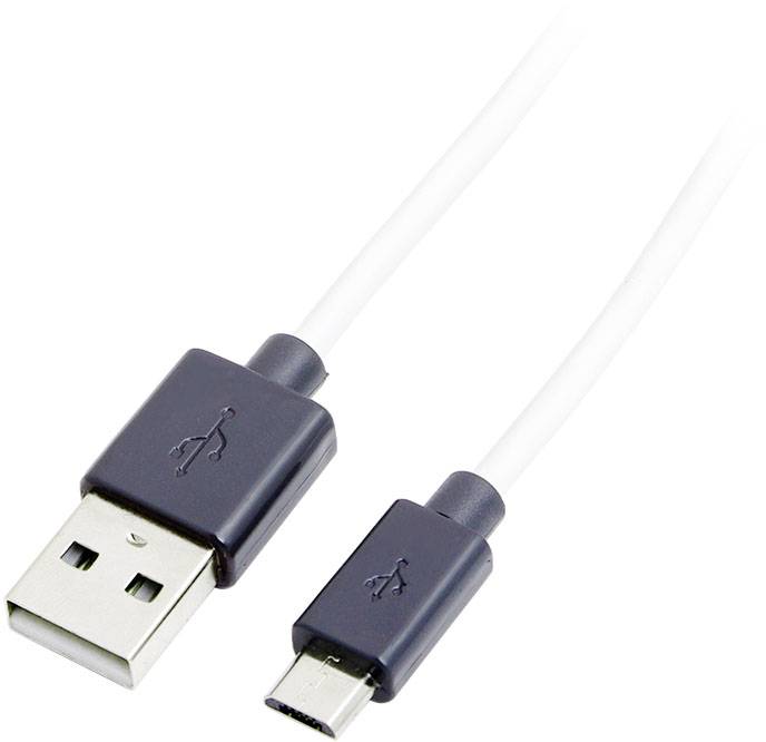 Ein weißes USB-Kabel mit einem Standard-USB-Stecker und einem Micro-USB-Stecker.