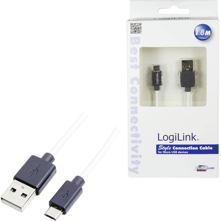 'LogiLink' weißes Micro-USB-Kabel, 1,8 Meter: Links Kabel mit USB- und Micro-USB-Anschlüssen. Rechts Verpackung mit Produktinformationen.