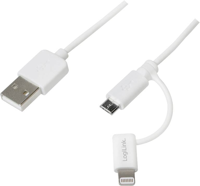 Weiße USB-Kabel mit verschiedenen Steckern: USB-A, Micro-USB und Lightning. Geeignet für unterschiedliche Geräteanschlüsse.