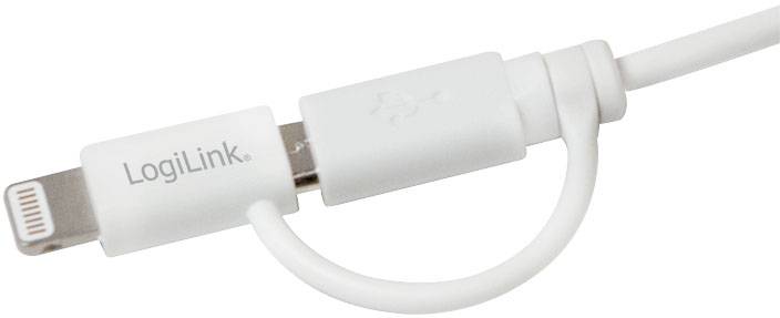 Ein weißes USB-Ladekabel der Marke 'LogiLink', geeignet für Apple-Geräte, mit einem Lightning-Anschluss.