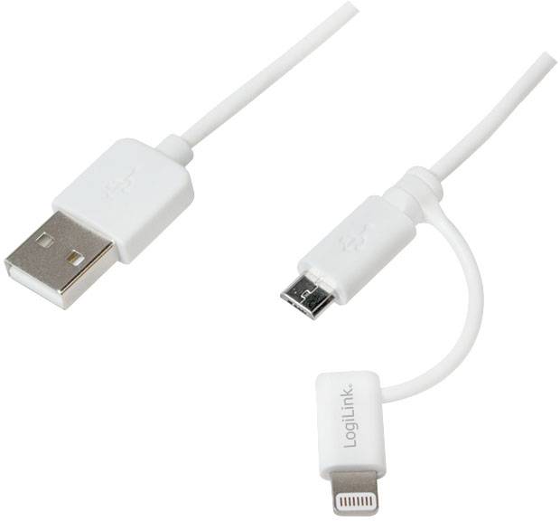 Ein weißes USB-Kabel mit drei verschiedenen Anschlüssen: USB-A, Micro-USB und Lightning.