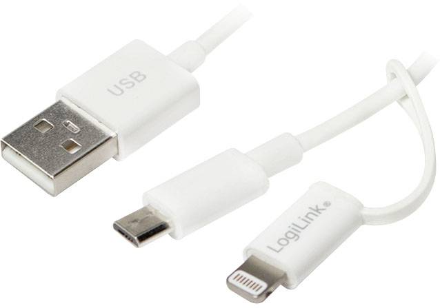 USB-Kabel mit drei Anschlüssen: USB-A, Micro-USB und Lightning-Anschluss. Geeignet zum Aufladen und Datentransfer zwischen Geräten.