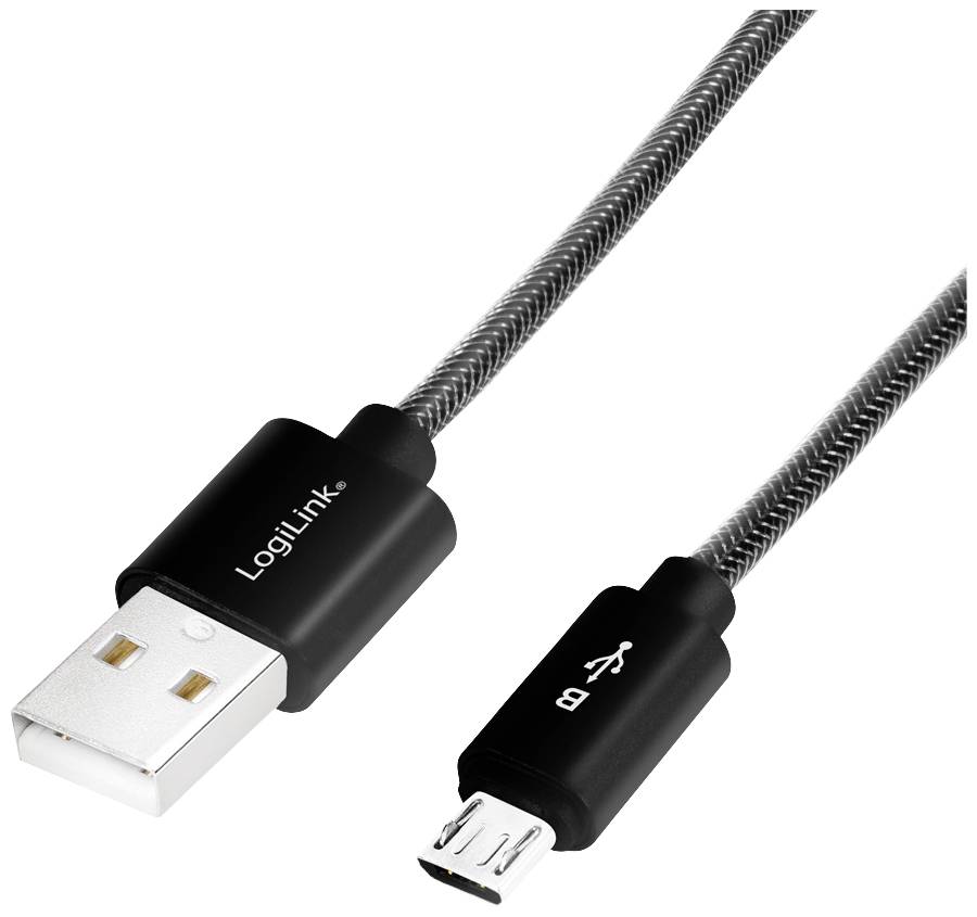 Ein schwarzes USB-Kabel mit einem USB-A-Stecker auf der einen und einem Micro-USB-Stecker auf der anderen Seite, von LogiLink.