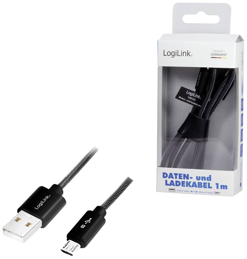 LogiLink Daten- und Ladekabel, 1 m, USB-A zu Micro-USB, in schwarzer Farbe mit geflochtenem Design. Verpackung zeigt das Kabel.