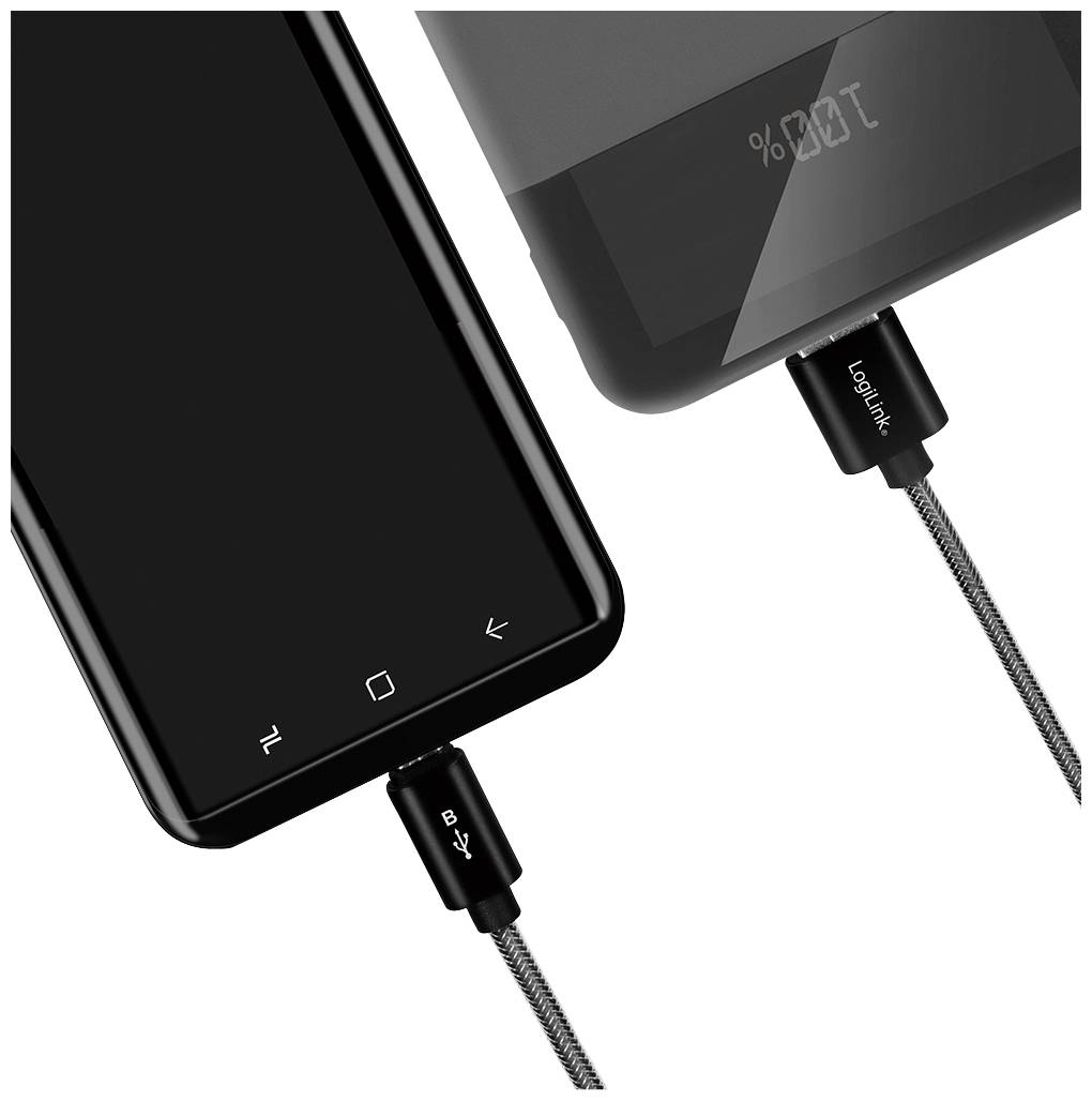 Zwei Smartphones werden gleichzeitig mit einem USB-Ladekabel aufgeladen. Ein Display zeigt den Ladezustand in Prozent an.