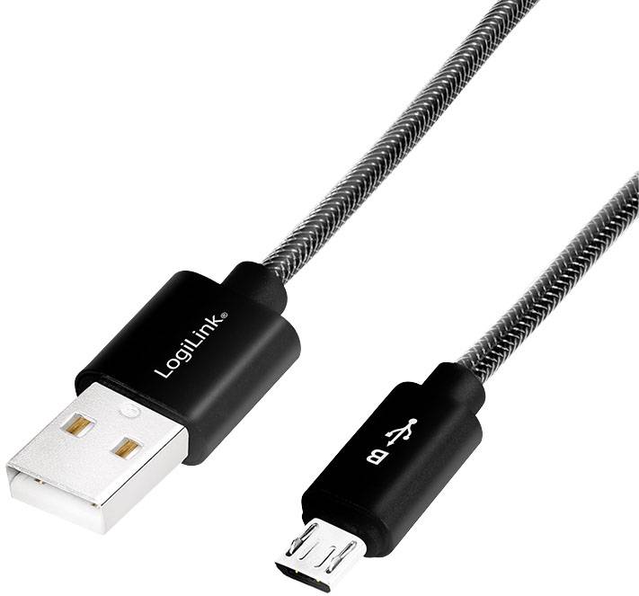 USB-Kabel mit einem Standard-USB-Stecker auf der einen Seite und einem Micro-USB-Stecker auf der anderen, LogiLink-Logo sichtbar.