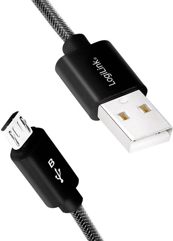 Schwarzes USB-Kabel mit USB-Anschluss und Mikro-USB-Anschluss, verwendet für das Verbinden und Laden von Geräten.
