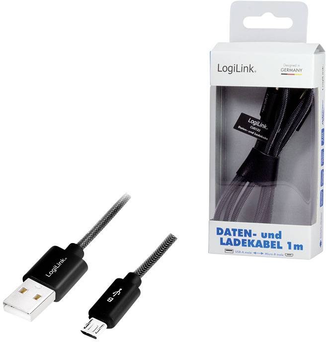 Daten- und Ladekabel von LogiLink, 1 Meter, USB zu Micro-USB, in schwarzer Verpackung.