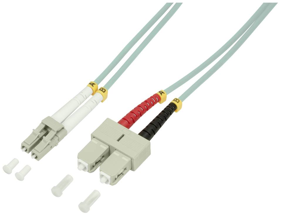Faseroptische Kabel mit LC- und SC-Steckern; LC-Stecker oben in Weiß, SC-Stecker unten in Rot und Schwarz, farbkodiert mit 'A' und 'B'.