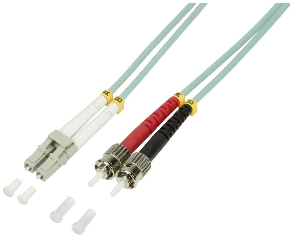 LWL-Kabel mit zwei Steckverbindern, einem grauen LC- und einem roten, sowie schwarzen FC-Stecker. Inkl. vier Entstaubungskappen.