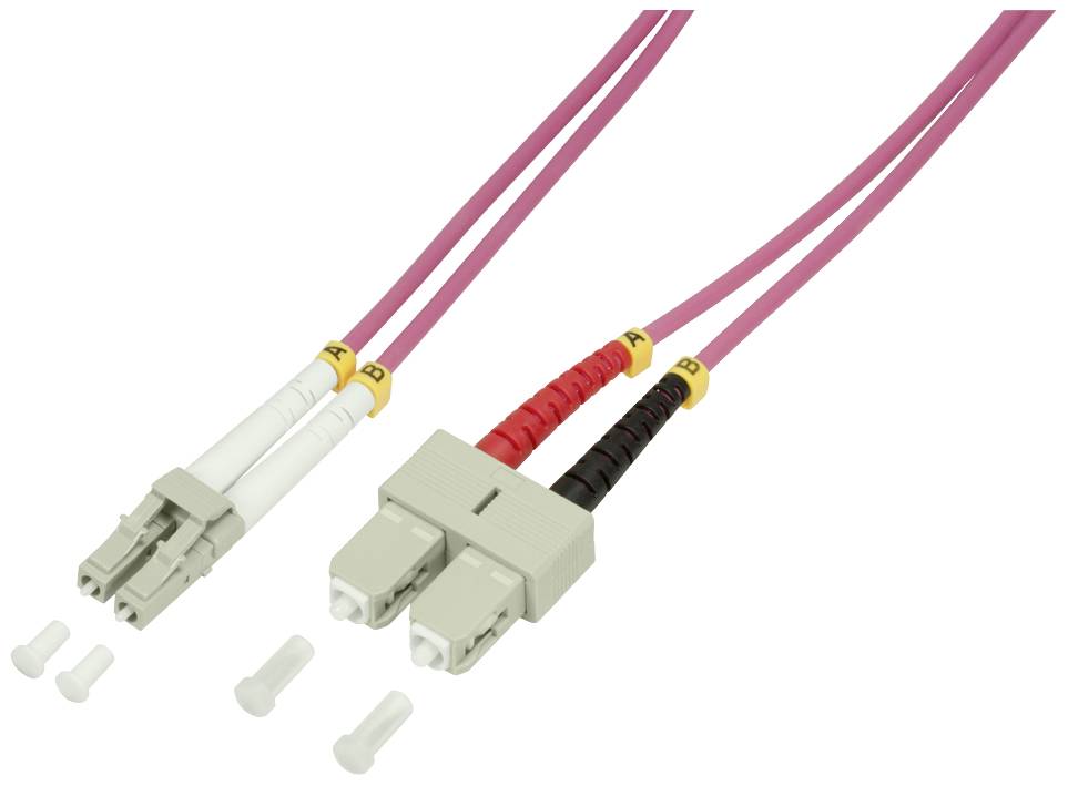 LC-ST Duplex Glasfaserkabel, pink, mit gelben Kennzeichnungen A und B an den Anschlüssen und weißen Schutzkappen.