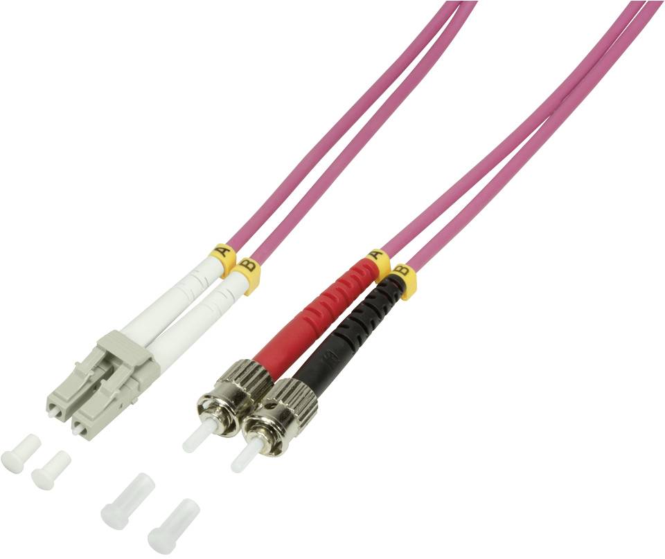Glasfaserkabel mit LC- und ST-Steckern, rosa Ummantelung, weiße und rote Kodierung der Stecker, geeignet für Netzwerkinstallationen.